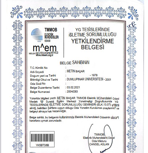 Yüksek Gerilim İşletme Sorumluluğu yetki belgesi